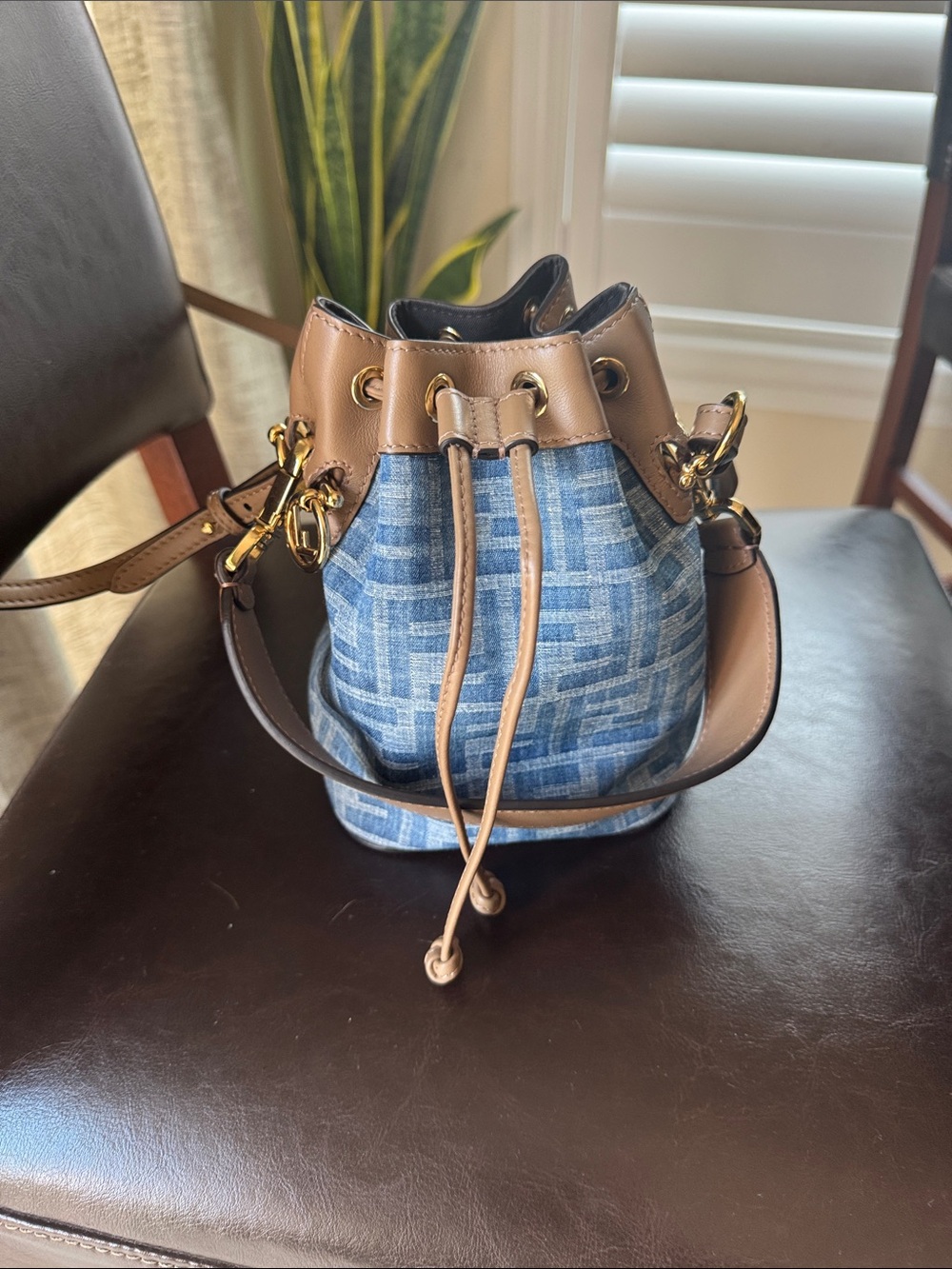 Fendi Blue Denim and Brown Leather Mini Bucket Bag